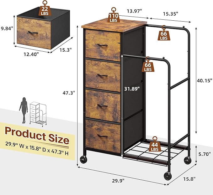 47.3" H Dresser with Hanging Rack, 4 Fabric Drawers with Double Clothes Rack & Wheels, Tall Closet Organizer Dresser for Bedroom, Entryway, Rustic Brown, 15.8" D x 29.9" W x 47.3" H
