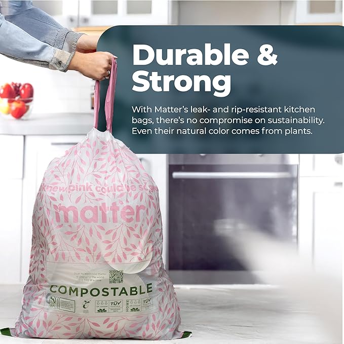 Matter Compostable Variety Pack 3 Gallon and 13 Gallon Kitchen Trash Bags with Drawstring, Unscented, Durable, Leak-Resistant, Eco-Friendly, 70 Count