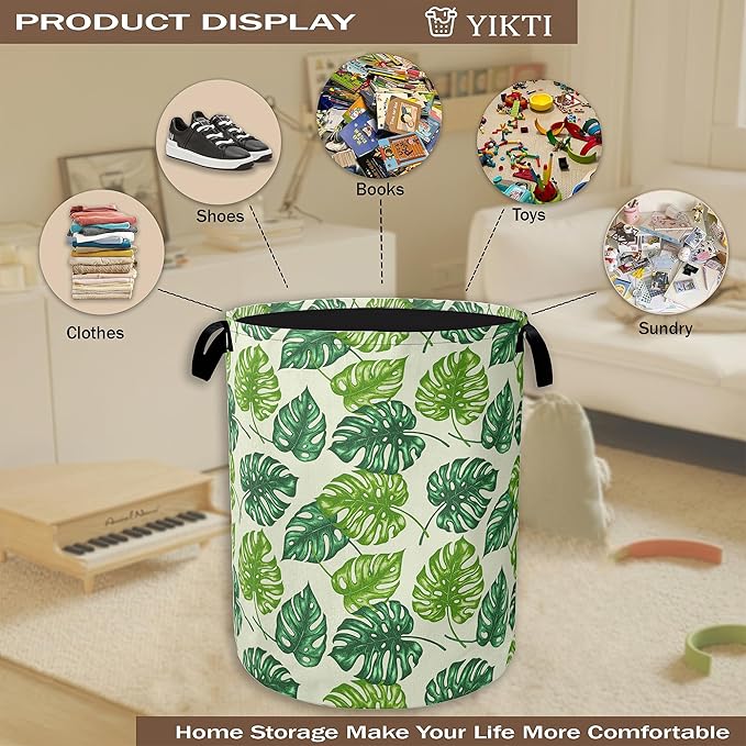 Collapsible Laundry Basket,Tropical Palm Leaves Dirty Clothes Hamper,Green Leaf Hampers for Bedroom Waterproof Oxford Cloth Storage Organizer for Bathroom,Nursery,Dorm,16x20 Inch