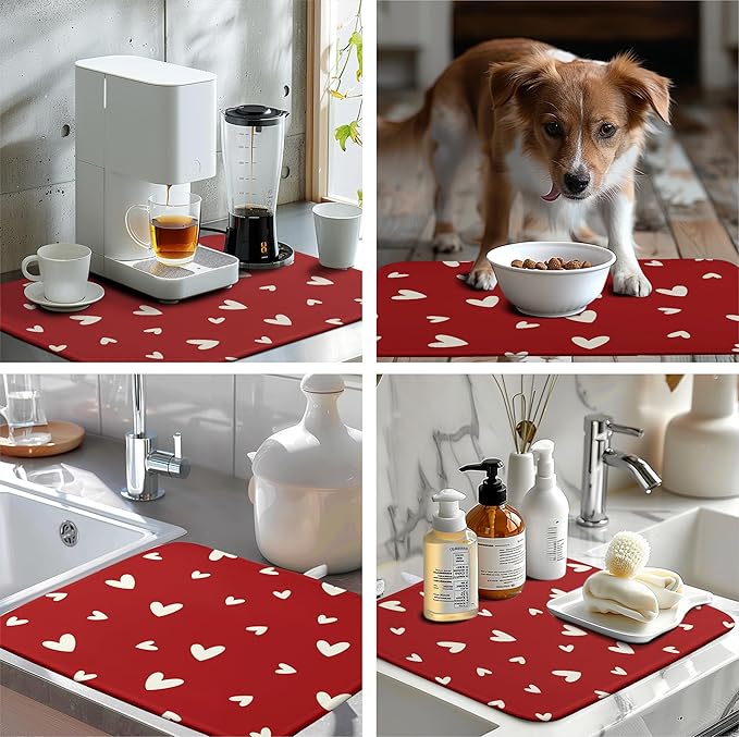 Wnoesat Valentine's Day Love Heart Dish Drying Mat for Kitchen Counter 18x24 Inch Valentine Theme Dish Mats Absorbent Microfiber Dish Draining Mat Reusable Washable Dish Drainer Rack Pad