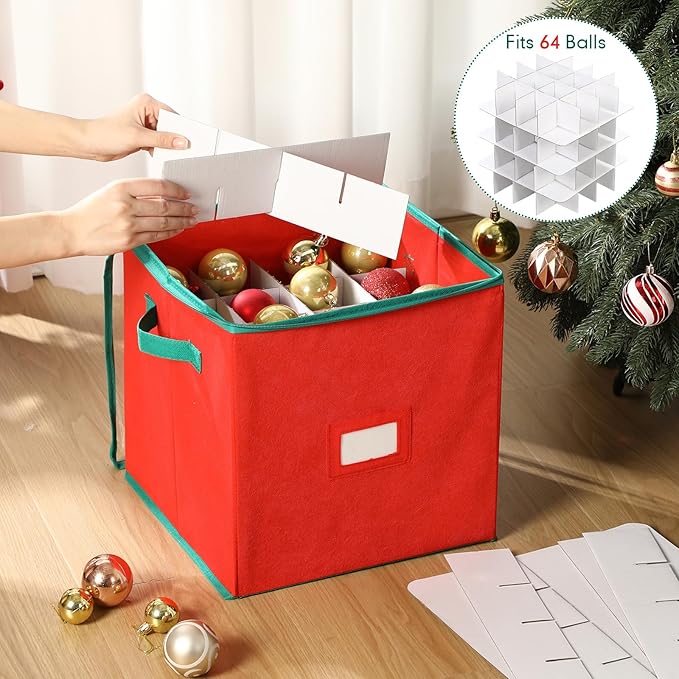 Chengu 2-pack Christmas Ornament Storage Stores up to 64 Christmas Ball Accessories Holder with Adjustable Dividers, Zippered Closure Two Handles for Holiday Ornaments and Xmas Decorations(Bright Red)