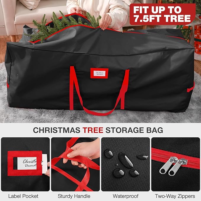 3 Pack Christmas Tree Storage Bag, for 7.5 Ft Artificial Trees up, Durable Waterproof With Reinforced Carrying Handles, Xmas Holiday Garland Bag Storage Case (7.5 Ft, Black)