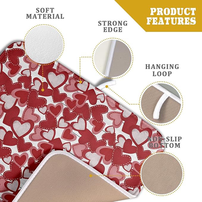 Valentines Day Dish Drying Mat for Kitchen Counter 18x16 Inch Love Drying Mat with Absorbent Reversible Microfiber Red Grey Heart Dish Drainer Mats Rack Pad for Coffee Countertop Protector