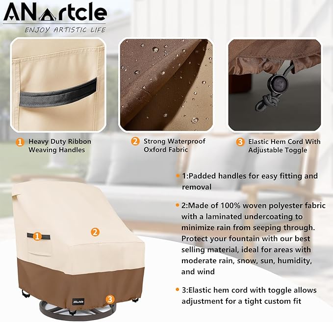 Outdoor Swivel Lounge Chair Cover 2 Pack,600D Waterproof Heavy Duty Outdoor Chair Covers(30 W x 34 D x 38.5 H inches),Patio Swivel Chair Covers for Outdoor Furniture,Beige&brown.