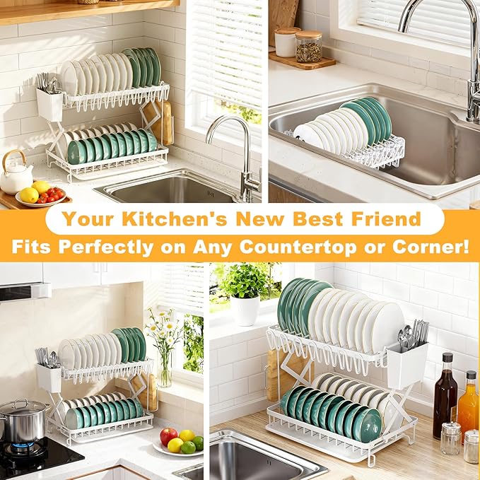 2-Tier Dish Racks for Kitchen Counter, Large Dish Drainers for Kitchens Counter Stainless Steel Kitchen Dishes Drying Rack, Space Saving Dishes Strainer for Bowl, Plate, Cup - Modern Counter Organizer