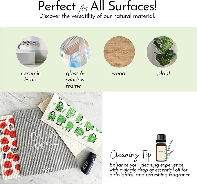 SIMPLYCASA 8 Pack Reusable Swedish Dishcloth, for Kitchen and Household Use, Super Absorbency, Made in Sweden, Cellulose Sponge Dish Cloths, Paper Towel Replacement, Plastic-Free Packaging