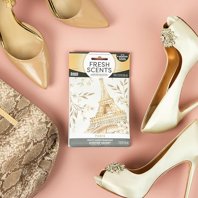 Fresh Scents Scented Sachets | Paris | Home Fragrance | Long Lasting (Up to 6 Months) | Air Freshener for Closets, Drawers, & Cars | 6 Pack