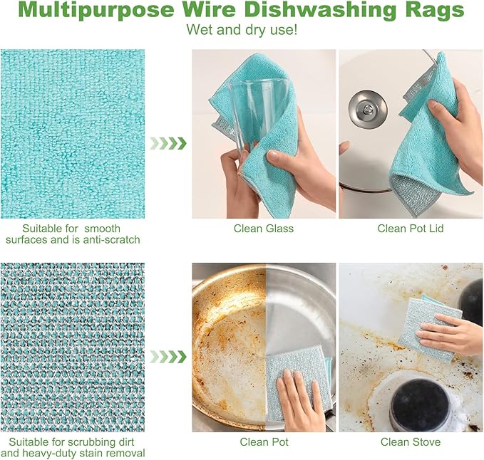Jeymei 10counts Non Scratch Wire Dishcloth Multipurpose Wire Dishwashing Rag for Washing Dishes,Double Layer Microfiber Cleaning Cloth,Reusable Diamond Weave Steel Wool Scrubber Cloths,Blue