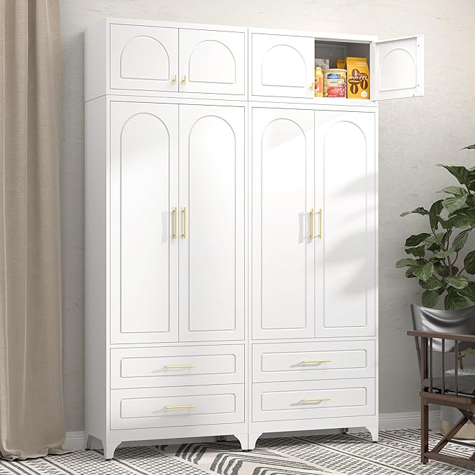 Metal Storage Cabinet with Doors and Shelves, 90" Tall Kitchen Pantry Storage Cabinets with 2 Drawer, White Pantry Closet, Steel Large Cupboard, High Leveling Feet- Assembly Required