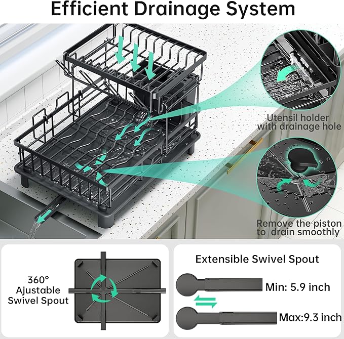 IMXSUMDA Dish Drying Rack, 2 Tier Dish Racks for Kitchen Counter, Compact Drying Rack Kitchen, Rust-Resistant Dish Drainer, Detachable Space-Saving Dish Rack with Drainboard, Utensil Holder, Black