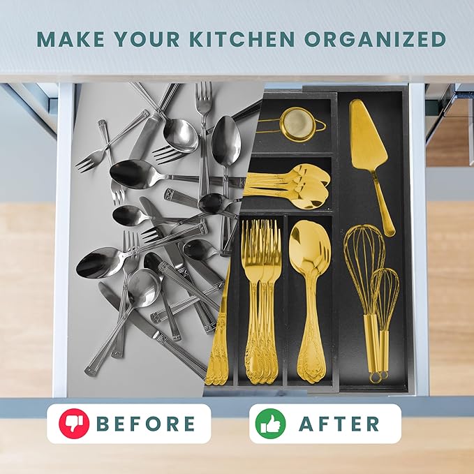 Sben Expandable Drawer Organizer for Utensils Holder, Adjustable Cutlery Tray, 6-8 Slots, Premium Wood Drawer Dividers Organizer for Silverware, Flatware, Knives for Kitchen (Black)