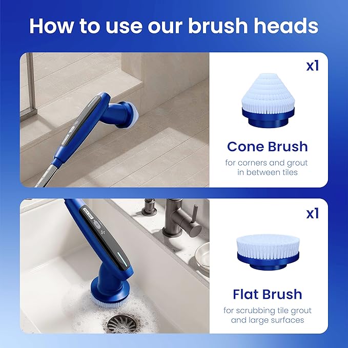 iKLYN 2026 Upgraded Electric Spin Scrubber: 120 Min Runtime, IPX7 Waterproof Cordless Power Scrubber, Adjustable Extension Handle, 8 Heads, 2 Speeds for Shower, Tub, Tile & Floor