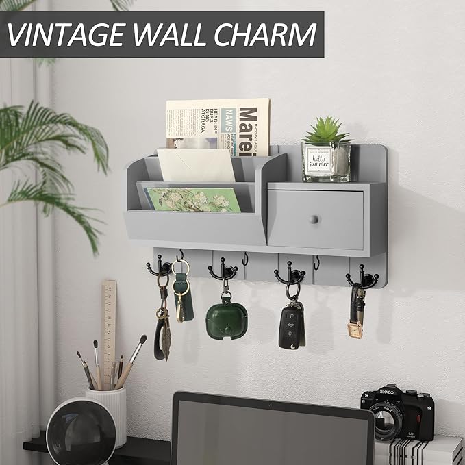 Rebee Vision Key Holder Wall Mount with Mail Sorter and Drawer Organizer - Modern Mail Organizer Wall Mounted with Wall Hooks - Home Organization for Apartment Essentials (Light Gray)