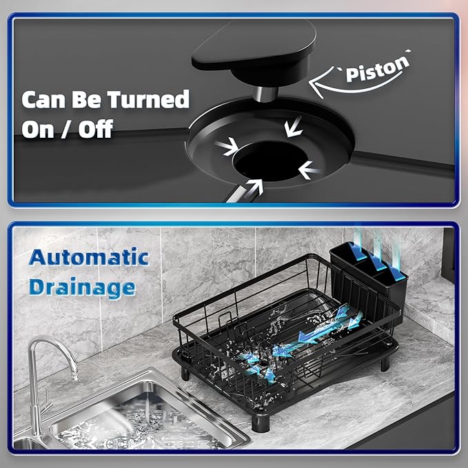 GAOKASE 2 Tiers Dish Drying Rack, Space-Saving Dish Racks for Kitchen Counter, Dish Drainer Drying Rack with Drainboard, Utensil Holder Cups Holder Plate Rack and Automatic Drainage Drainboard, Black