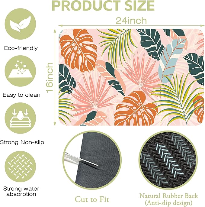 Dish Drying Mat Boho Foliage Botanical Leaves Floral Kitchen Mat 16"x24" Bsorbent Coffee Maker Mat for Dishes Utensils Coffee Maker Pots and Pans Easy Clean Dish Slip Resistant Pad