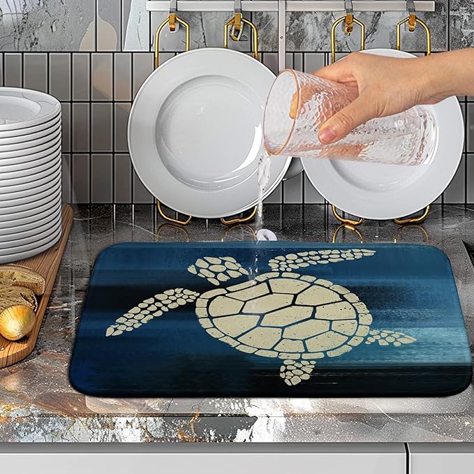 Wnoesat Sea Turtle Dish Drying Mat Summer Ocean Animal Dish Drainer Rack Mat 16 X 18 Inch Dark Blue Microfiber Absorbent Drying Mat for Kitchen Counter