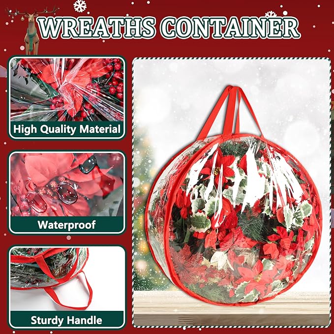 4 Pcs Christmas Wreath Storage Bag, 24 Inch Clear Red Edging Xmas Wreath Storage Container, Garland Holiday Artificial Wreath Storage Holder, Water Proof Transparent PVC with Handles