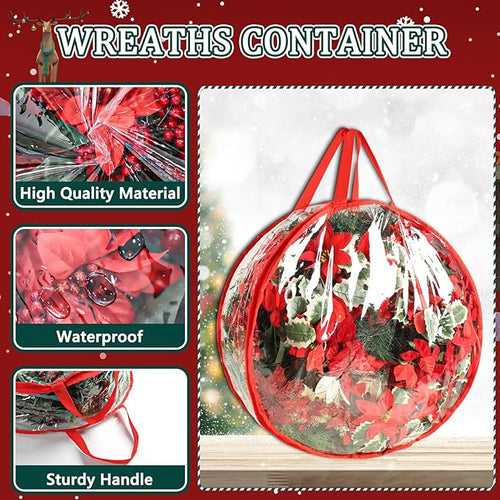 4 Pcs Christmas Wreath Storage Bag, 24 Inch Clear Red Edging Xmas Wreath Storage Container, Garland Holiday Artificial Wreath Storage Holder, Water Proof Transparent PVC with Handles