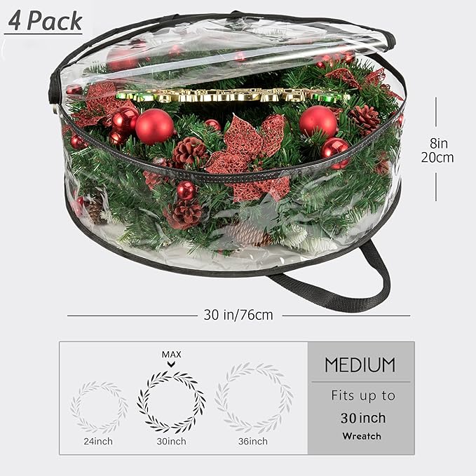 CINPIUK Clear Wreath Storage Bag 30 Inch, Christmas Container, Heavy Duty Protector With Handle for Holiday Seasonal Garland, 4Pcs