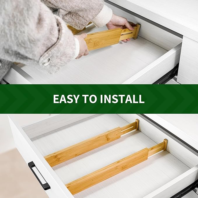 VaeFae 6-Pack Bamboo Drawer Dividers – Adjustable 14"-19.1" (Fits 15"-18" Drawers ONLY), Spring-Loaded Expandable Organizer for Kitchen, Bedroom, Office & Bathroom, MUST MEASURE Before Purchase | 6 Pack, Adjustable, Expandable, Organization
