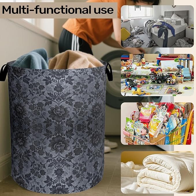 Black Damask Flower Laundry Basket - Large Laundry Hamper with Handles, Space Saving Foldable Design for Nursery