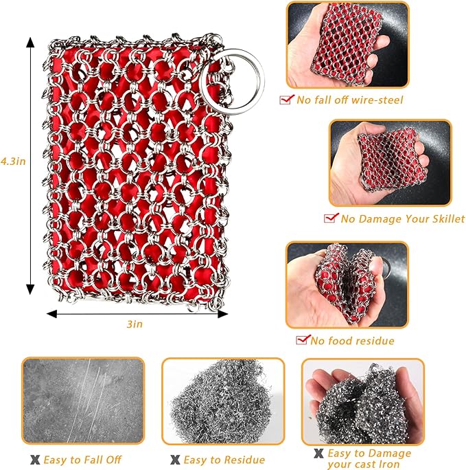TEZZ Cast Iron Scrubber, Skillet Chainmail Scrubber for Cast Iron Pan - Chain Mail Scrubber Cast Iron Sponge - Metal Scrubber Cast Iron Skillet Cleaner, Wok, Frying Pans, Dutch Oven Cleaning Scrubber