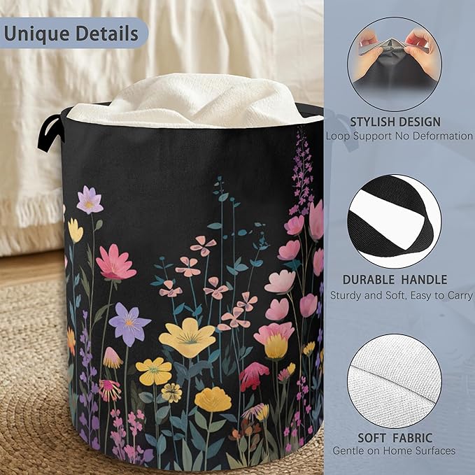 Vintage Wildflowers Laundry Basket,Garden Herb Oxford Cloth Laundry Hamper with Handle Foldable Portable Clothes Storage Basket for Bathroom Bedroom Dorm Room 16" x 20.8"