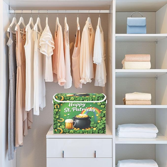 Bolaz St Patrick Green Storage Bins with Lids and Handles, Rainbow Foldable Storage Box Storage Basket with Cover Collapsible Organizer Containers for Home Closet, Shelves