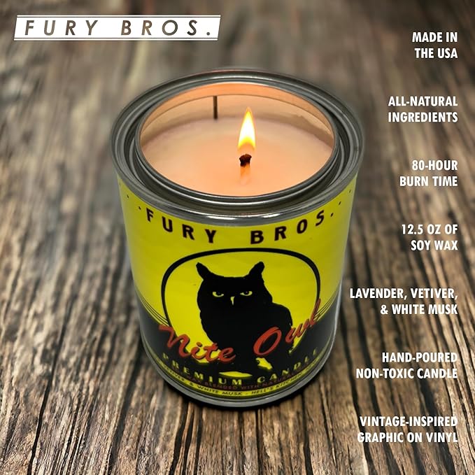 Fury Bros. Scented Candles for Men | Nite Owl | Lavender Vetiver White Musk | Natural Soy Wax | Hand-Poured in The USA | Long 70-80 Hour Burn (12.5 oz) | Vintage-Inspired Tin Design | Dad Home Gift