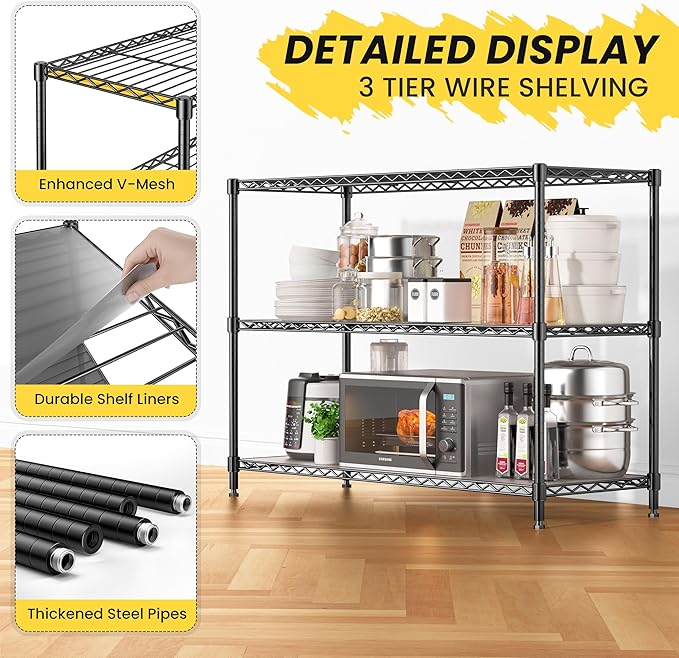 RackBro 795LBS 3-Shelf Adjustable Storage Shelves 36" W x 14" D x 36" H Metal Shelving Unit Heavy Duty Wire Rack Small Organizer with 3 Shelf Liners for Kitchen Pantry Bathroom Closet Garage Black