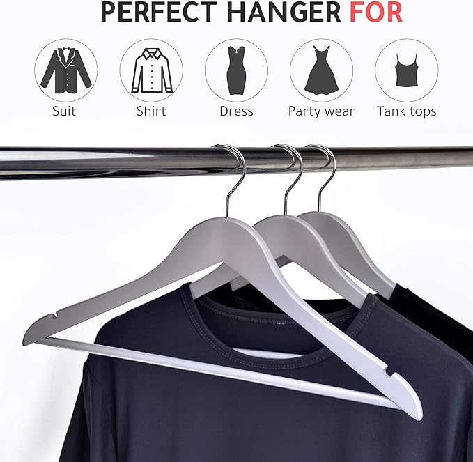 Quality Hangers - Wooden Coat Hangers - Slightly Curved Hanger Set of 20-Pack - Solid Wood with Stylish Chrome Hooks - Heavy-Duty Clothes, Jacket, Shirt, Pants, Suit Hangers (Gray, 20)