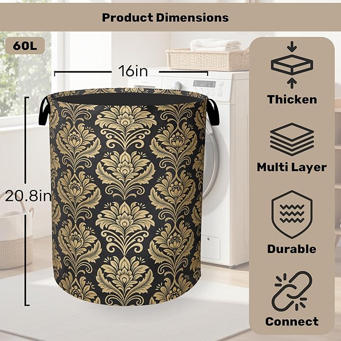 Golde Black Damask Flowers Laundry Basket - Extra Large Foldable Washable Laundry Hamper with Handles, Storage Bin for Bathroom/Laundry/Bedroom/Dorm