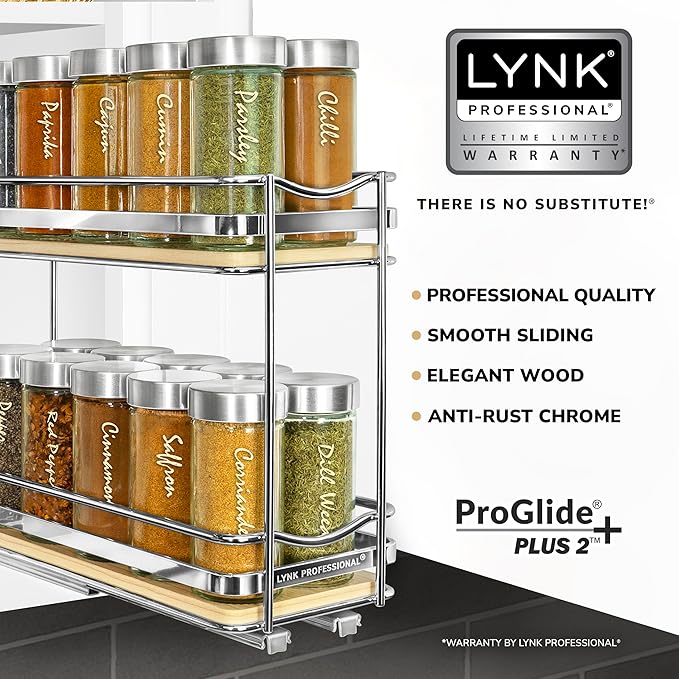 LYNK PROFESSIONAL® Élite™ Pull Out Spice Rack Organizer for Inside Kitchen Cabinets - 4-3/8 inch Wide - Slide Out Drawer – Wood/Chrome Sliding Spice Cabinet Organization Shelf Racks - 2 Tier