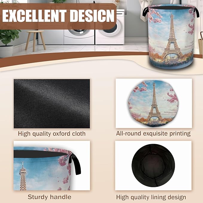 Eiffel Tower Laundry Basket,Cherry Blossom Laundry Hamper Waterproof Oxford Cloth Tote Collapsible,Clothes Storage Bucket Decorative Toy Organizer For Bathroom Bedroom 16" x 20.8"