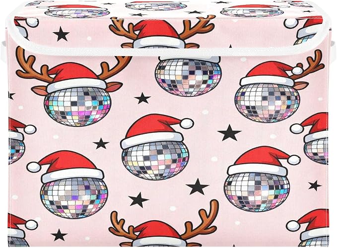 Christmas Disco Ball Santa Reindeer Storage Bins with Lids Foldable Storage Basket with Handles Collapsible Large Fabric Organizer Containers for Clothes Shelves Closet Office Home