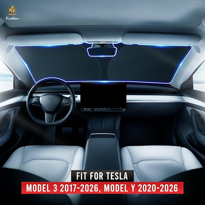 EcoNour Windshield Sun Shade Compatible for Tesla Model 3 & Model Y 2017–2026 | Custom Fit EV Front Window Sunshade | Foldable Heat & UV Reflective Sun Visor