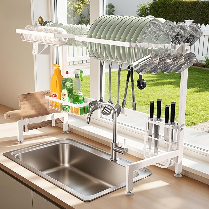 HOTEAGLE Dish Drying Rack for Kitchen Counter 2 Tier Expandable Over Sink Dish Rack, 25.6"-33.5" L x 12.4" W x 20.5" H, White