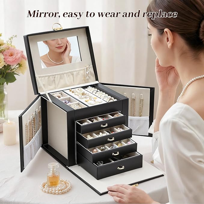 EnHomee Jewelry Box for Women, 5-Layer Large Jewelry Organizer with Mirror & 4 Drawers for Rings, Earrings, Necklaces, Bracelet Lockable Case with Lock (Black + Gold)