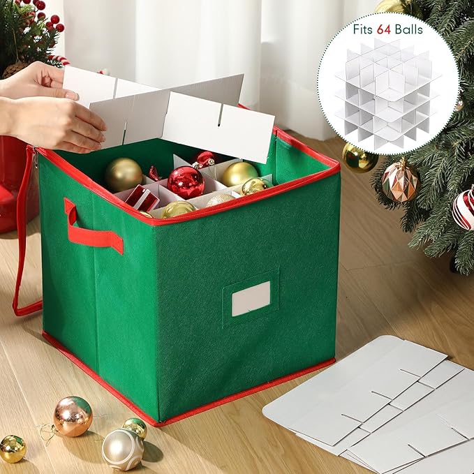Chengu 2-pack Christmas Ornament Storage Stores up to 64 Christmas Ball Accessories Holder with Adjustable Dividers, Zippered Closure Two Handles for Holiday Ornaments and Xmas Decorations(Army Green)
