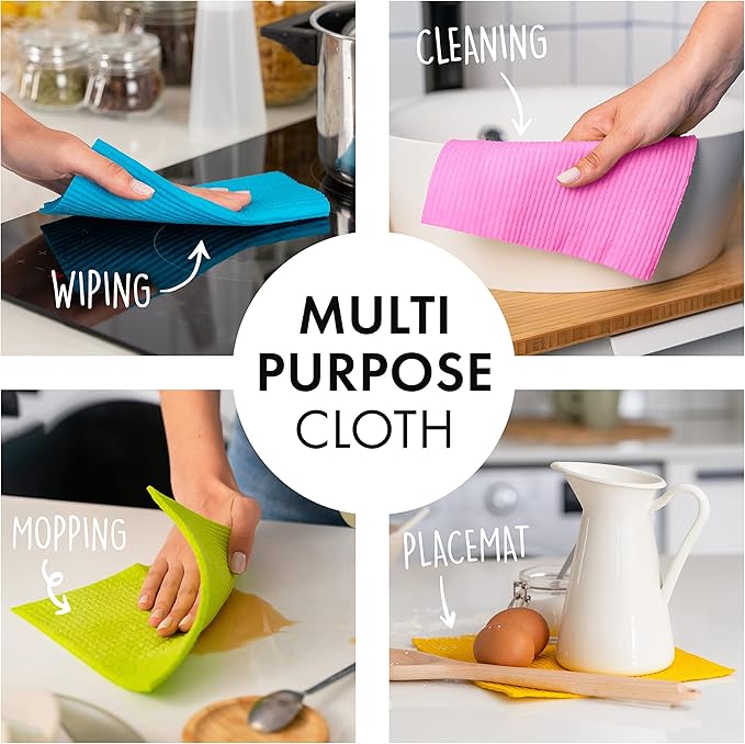 SUPERSCANDI 6 Pack Swedish Dishcloths for Kitchen - 100% Biodegradable & Compostable Reusable Paper Towels Washable, Food-Safe & Without Plastic - Dish Rags for Any Surface, Pink, Yellow, White