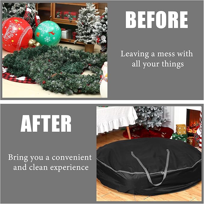 1 Pc 60" Christmas Wreath Storage Bag Zippered Garland Holiday Container with Reinforced Handle Tear Resistant 600d Oxford Organizer Wreath Holder with Card (Black)