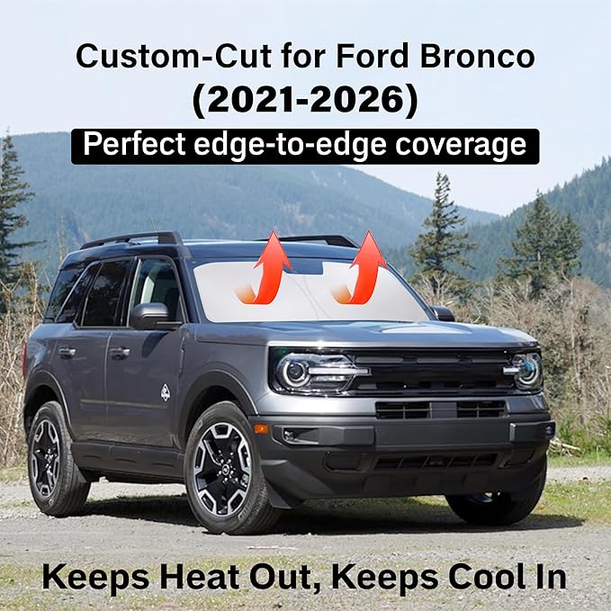 EcoNour Windshield Sun Shade Compatible for Ford Bronco 2021–2026 | SUV Front Window Sunshade | Foldable Heavy-Duty Sun Visor Protector | UV & Heat Blocking | Keeps Cabin Cool