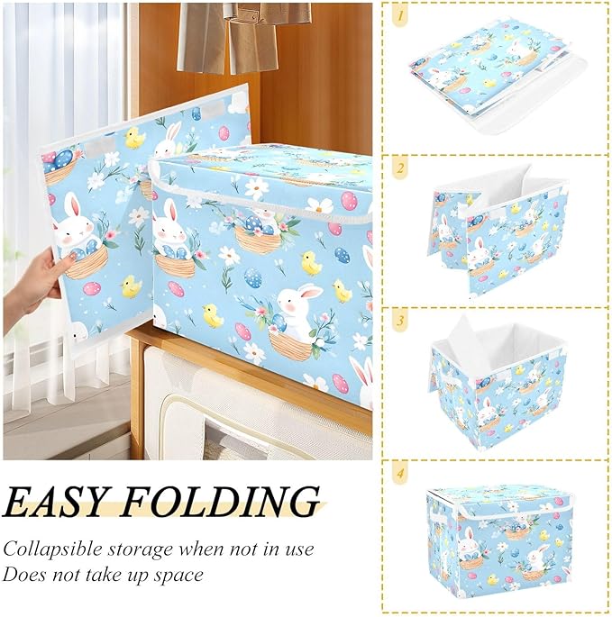 Bolaz Cute Bunny Easter Egg Pattern Storage Bins with Lids and Handles, Storage Box Basket with Cover Collapsible Organizer Containers for Home Closet, Shelves