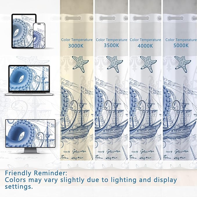No Hook Shower Curtain and Liner Set, Nautical Navy Blue Shower Curtain with Translucent Window, Double-Layer Waterproof Bathroom Shower Fabric Curtains, Retro Coastal Octopus Pattern, 71x74 Inches