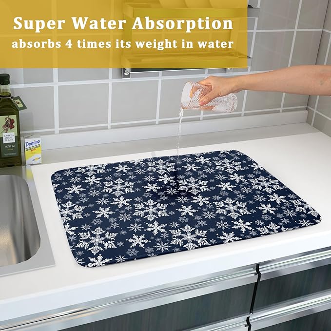 Christmas Dish Drying Mat for Kitchen Counter 24x18 Inch Xmas Snowflake Drying Mat with Absorbent Reversible Microfiber Blue Dish Drainer Mats Rack Pad for Coffee Countertop Protector