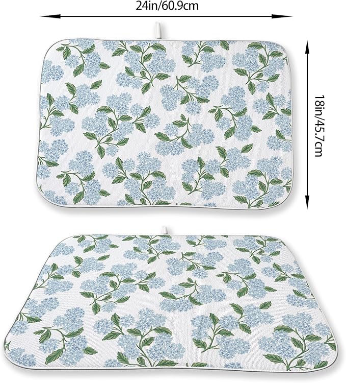 Blue Green Dish Drying Mat 18x24 Inch Vintage Floral Hydrangea Flower Drying Mat Spring Summer Absorbent Dish Drying Pad Dish Rack Drainer Mats for Kitchen Dining Counter