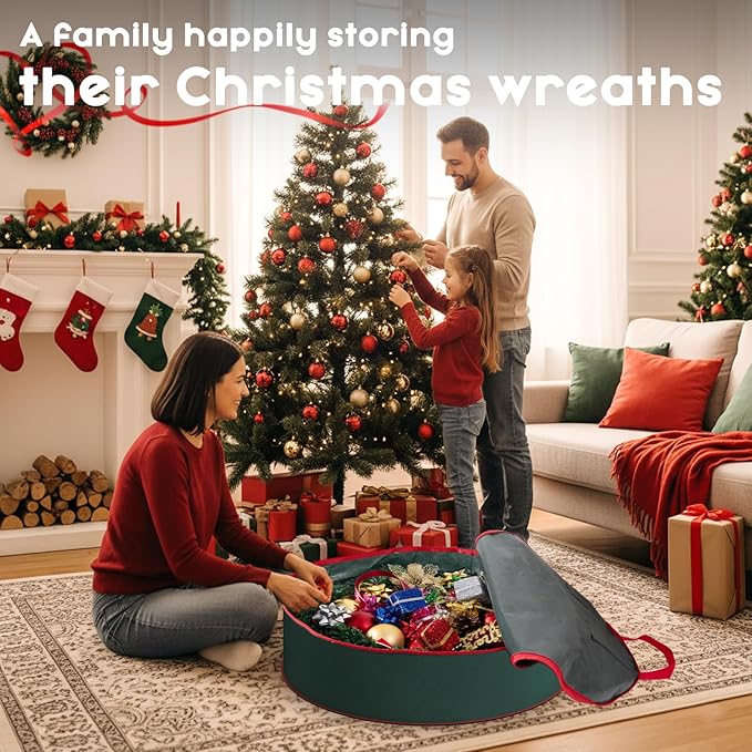 Criusia Wreath Storage Container, 2 Pack Christmas Wreath Storage Bag with Sturdy Handle, Two-way Zipper,Durable Wreath Storage Organizer Box for Holiday Decoration (Green, 24"x8")