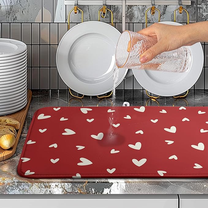 Wnoesat Valentine's Day Love Heart Dish Drying Mat for Kitchen Counter 18x24 Inch Valentine Theme Dish Mats Absorbent Microfiber Dish Draining Mat Reusable Washable Dish Drainer Rack Pad