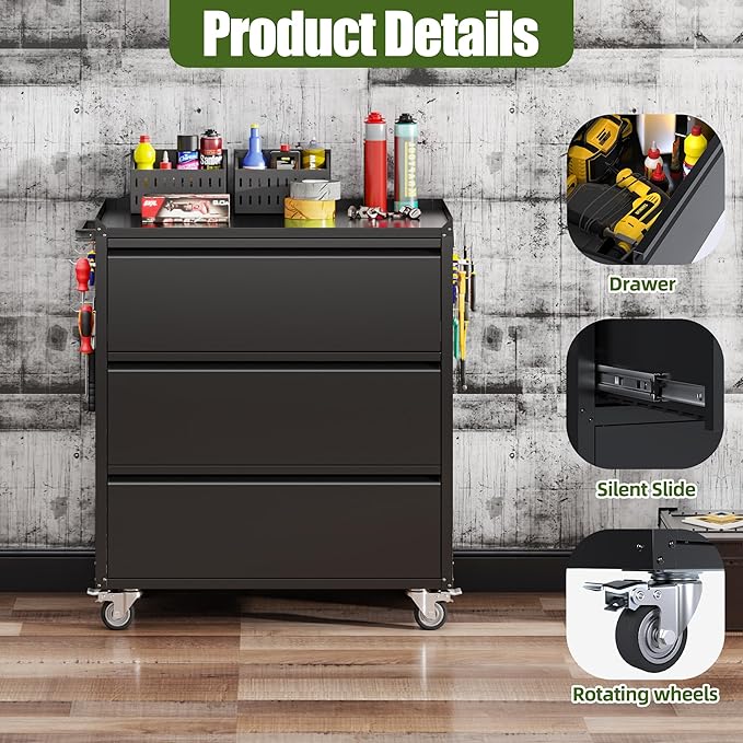 3 Drawer Metal Storage Cabinet, Lockable Garage Storage Cabinet with Wheels,Pegboard for for Garage Home Warehouse, Assemble Required, Black