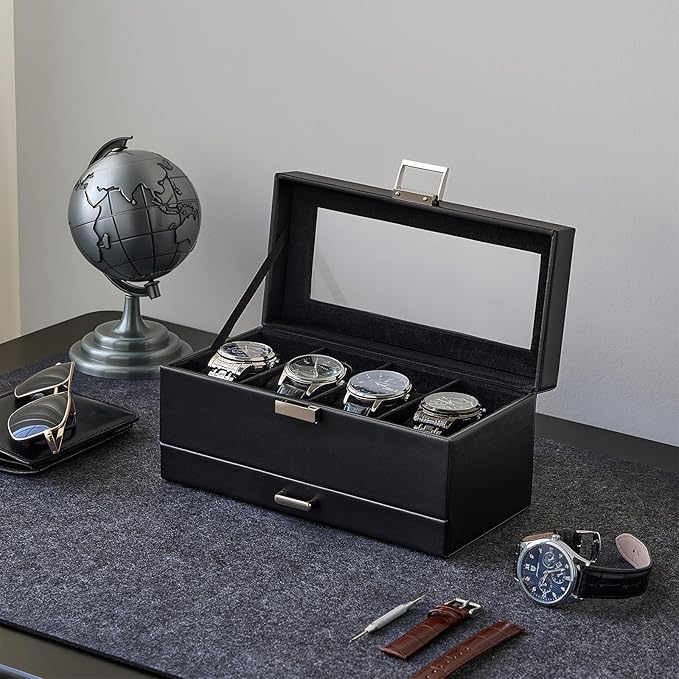 ProCase Watch Case, 4 Slot Mens Watch Box Holder Organizer with Glass Lid, 2-Layer Watches Display Case, Mens Jewelry Box with Drawer, Birthday Valentine Gifts for Men Women -4 Slot, Black